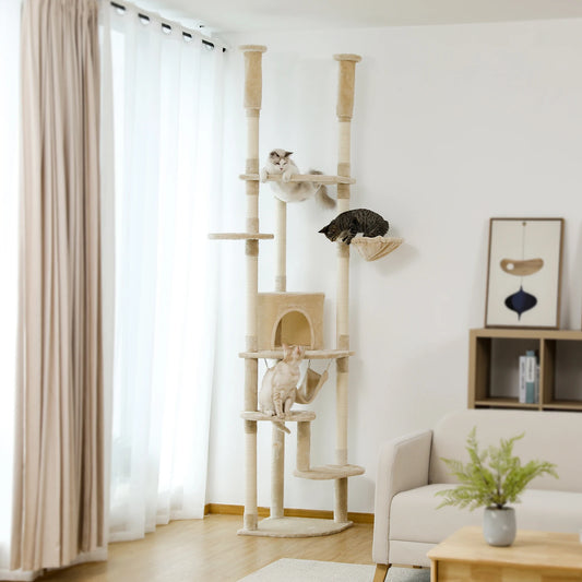 Modern Adjustable Cat Tree Tower 236-258cm Tall Climbing Cat House with Scratch Posts Perches Condo Hammock for Indoor Kittens