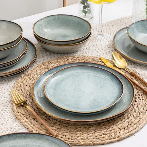 Ceramic Dinnerware Sets,Handmade Reactive Glaze Plates and Bowls Set,Highly Chip and Crack Resistant