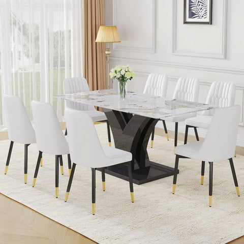 Modern Dining Room Table Set for 6, Faux Marble Kitchen Table and 6 PU Leather Chairs, 67” Rectangular Tempered Glass Table Set