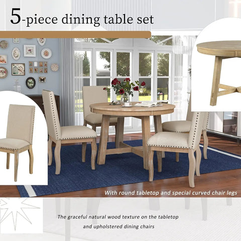 5-Piece Farmhouse Dining Table Set Wood Round Extendable Dining Table and 4 Upholstered Dining Chairs