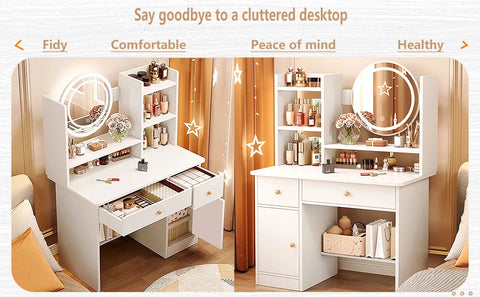 Table,Makeup Table with Drawers, Vanity Desk with Mirror and led Lights,3 Lighting Mode,Makeup Vanity Desk,Multifunctio