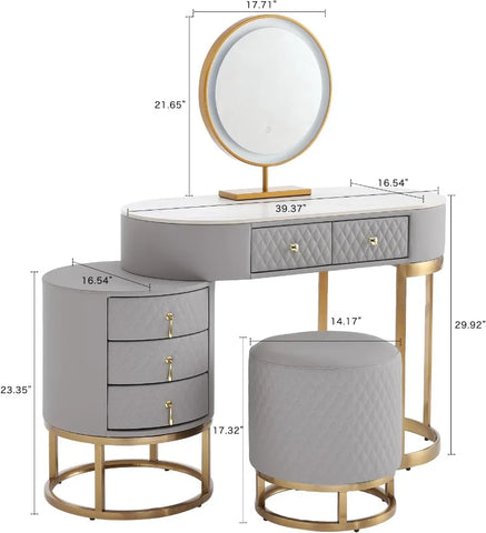 Luxury Faux Leather Vanity Desk with Mirror Makeup Table with Drawers & Vanity Stool