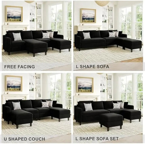 U Shaped Sectional Sofa Velvet Convertible Sofa with Reversible Chaises Sectional Couches with Ottomans for Living Room (Black)