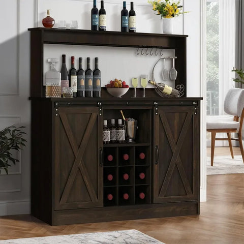 4ever2buy Farmhouse Coffee Bar Cabinet with 6 Hooks, White Coffee Bar with Storage, Kitchen Buffet Cabinet with Adjustable Shelv