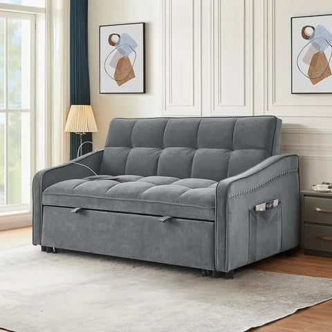 3 in 1 Sleeper Sofa Couch Bed with USB & Type C Port, 52" Small Modern Convertible Tufted Velvet Loveseat Sofa w/Pull Out Bed