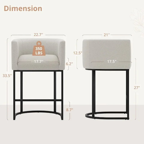 27" H Counter Height Bar Stools Set of 2, Modern Barrel Counter Stools with Backrest and Arms, Black Metal Frames