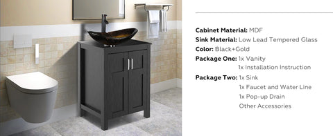 24 inch Bathroom Vanity Set - Combo MDF Sink Cabinet Vanity with Counter Top Glass Vessel Sink Vanity and 1.5 GPM Faucet