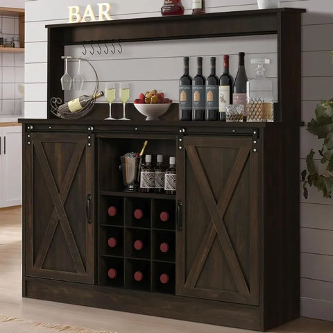 4ever2buy Farmhouse Coffee Bar Cabinet with 6 Hooks, White Coffee Bar with Storage, Kitchen Buffet Cabinet with Adjustable Shelv