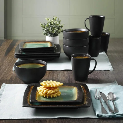 Square Reactive Glaze Stoneware Dinnerware Set, Service for 4 (16pcs),  Set Vaisselle Complet， Dishes and Plates Sets