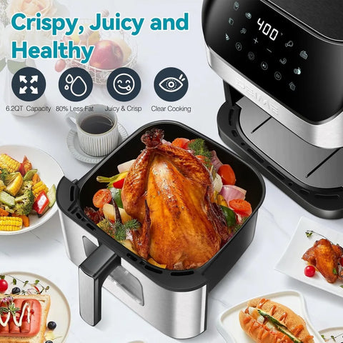 Air Fryer 6.2 QT Oilless 1500W Large Capacity Oven Air Fryers Healthy Cooker with 10 Preset, Visual Cooking Window