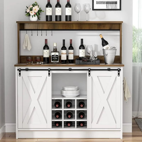 4ever2buy Farmhouse Coffee Bar Cabinet with 6 Hooks, White Coffee Bar with Storage, Kitchen Buffet Cabinet with Adjustable Shelv