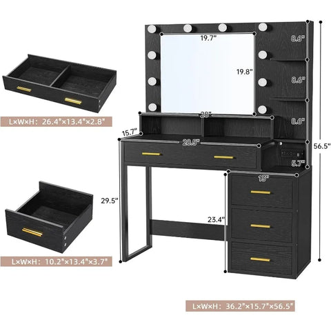 Vintage Vanity Desk, Makeup Vanity with Mirror and 10 LED Lights, 3 Lighting Modes, Makeup Table with 2 USB Ports and Outlets