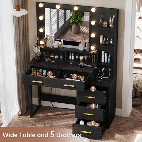 Vintage Vanity Desk, Makeup Vanity with Mirror and 10 LED Lights, 3 Lighting Modes, Makeup Table with 2 USB Ports and Outlets