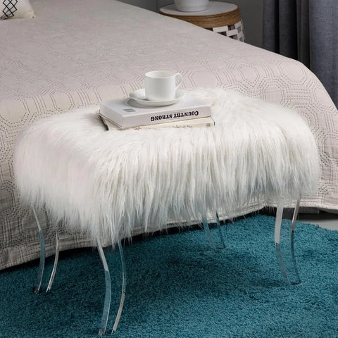 Ottoman Footstool, Modern Style White Faux Fur Dressing Stool with Acrylic Legs Decorative Bench for Bedroom, Footstool