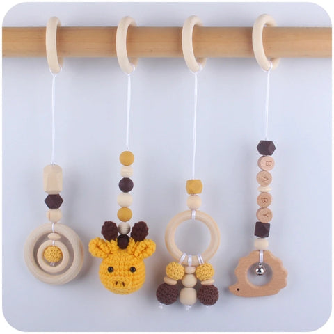 4 Pcs Beech Wood Baby Play Gym Frame Newborn Activity Fitness Rack Hanging Pendants Toys Crochet Rattle Teether Kids Room Decor