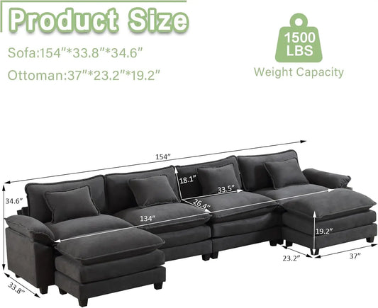 U Shaped Couch Sectional Sofa Couch for Living Room with Pillows,Sleeper Deep Couches with Ottomans