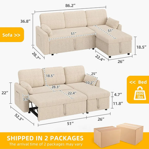 86" Sleeper Couch, 2 in 1 Convetible Sofa Bed with Pull Out Couch Bed and Storage Chaise,L-Shape Sectional living room sofas