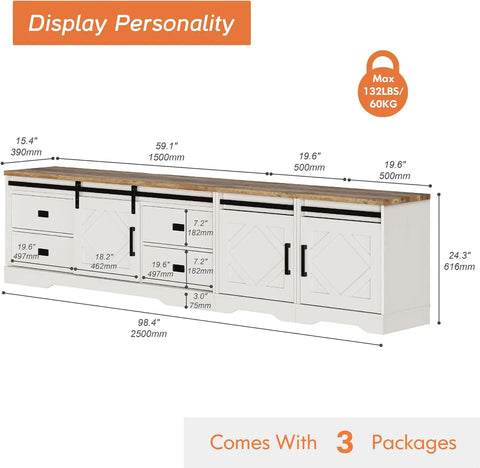 WAMPAT Farmhouse TV Stand for up to 110" TVs Wood 3 in 1 TV Cabinet with Drawers and Adjustable Shelf for Living Room,