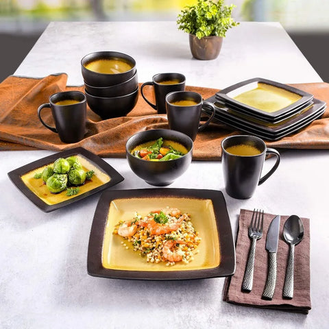 Square Reactive Glaze Stoneware Dinnerware Set, Service for 4 (16pcs),  Set Vaisselle Complet， Dishes and Plates Sets