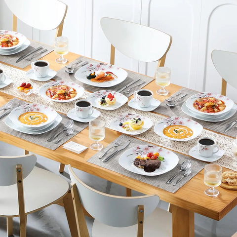 Porcelain Dinnerware Sets for 6, White Dish Set with Pink Floral, 30 PCS Dinner Sets Including Plates