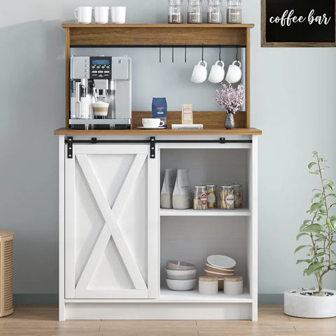 4ever2buy Farmhouse Coffee Bar Cabinet with 6 Hooks, White Coffee Bar with Storage, Kitchen Buffet Cabinet with Adjustable Shelv