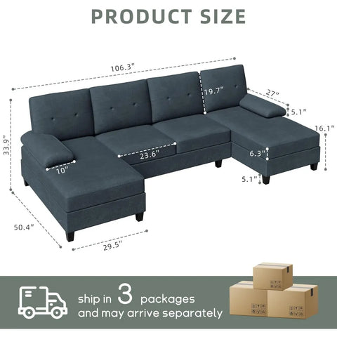 Shintenchi Sectional Couches for Living Room, U Shaped Sofa Couch with Double Chaise,4-Seat Living Room Furniture Sets with Soft