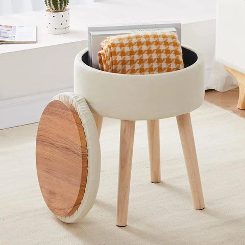 Ottoman storage linen circular dressing table stool, modern multi-functional cushioned footstool with wooden legs