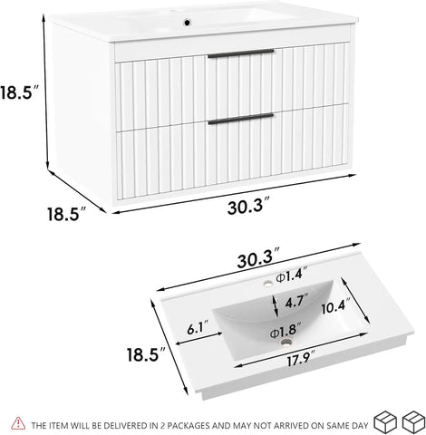 Bathroom Vanity with Sink, Floating Vanity Bathroom Sink Cabinet Wall Mount, Soft-Close Function 2 Large Drawers