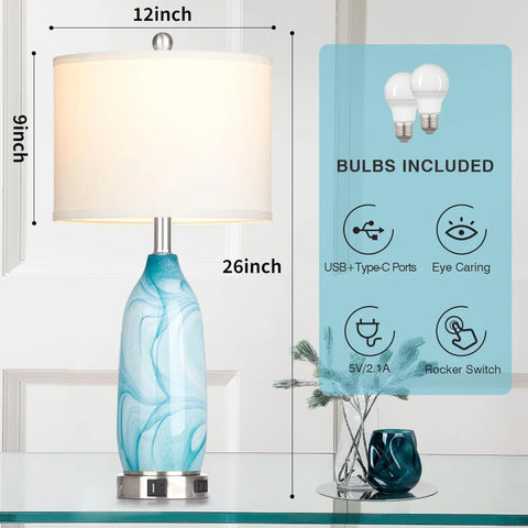 Glass Table Lamps for Living Room, 26" Modern Table Lamps with USB A+C Ports & AC Outlet, Touch Control Bedside Nightstand