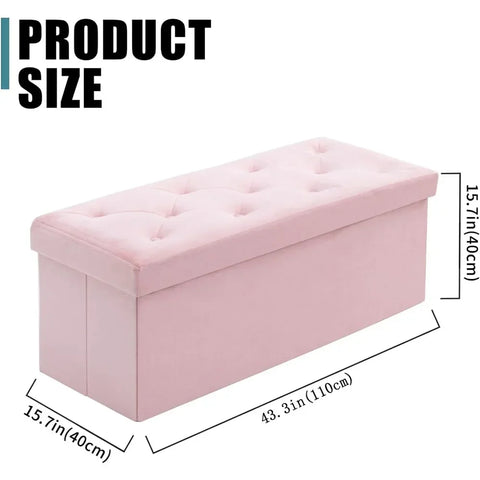 43 Inches Folding Storage Ottoman Bench, Velvet Ottoman with Footrest for Living Room, Long Shoes Bench, (Pink)