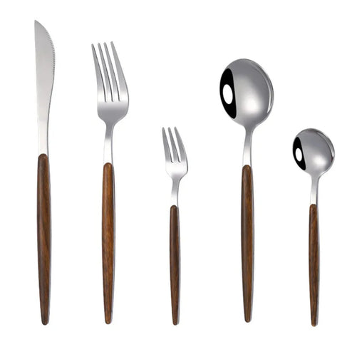 Elegant 30-piece Stainless Steel Gold Imitation Wooden Handle Dinnerware Cutlery Set with Coffee Spoon, Fork, and Silverware - P