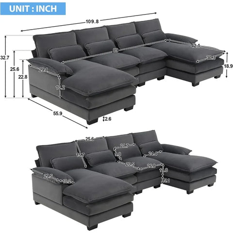 109.8“ Sectional Sofa Cloud Couch for Living Room, Modern Velvet Large Overstuffed U Shaped Couch, Comfy Modular Sofa Sleeper