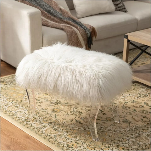 Ottoman Footstool, Modern Style White Faux Fur Dressing Stool with Acrylic Legs Decorative Bench for Bedroom, Footstool