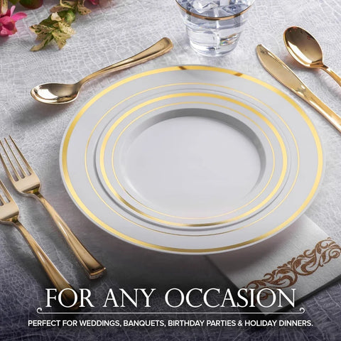 Dinner and Dessert Plates Set Disposable (200 Pieces) 10" + 7" White and Silver Plastic Plates for Party 100 Guest