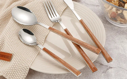 4Pcs 304 Stainless Steel Dinnerware Sets Glossy Silver Wooden Tableware Western Food Knife Fork Teaspoon Cutleries