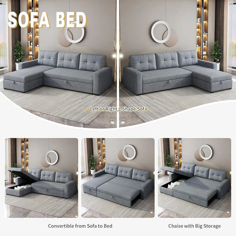 81.5" Sectional Sofa with Storage Chaise & Pull-Out Bed,L-Shape Convertible Corner Couch W/ 3 Back Cushions