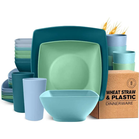 32-piece Plastic Wheat Straw Square Dinnerware Set for 8, Unbreakable Dinner Plates, Salad Plates, Snack Bowls, Tumblers