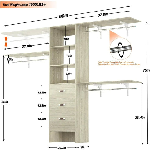 Armocity 96 Inches Closet System, 8FT Walk in Closet Organizer with 3 Shelving Towers, Heavy Duty Clothes Rack with 3 Drawers, B