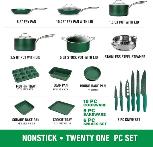 21 Pc Kitchen Pots and Pans Set Non Stick, Kitchen Cookware Sets,  Coated Non Stick Pots and Pan Set, Dishwasher Safe - Green