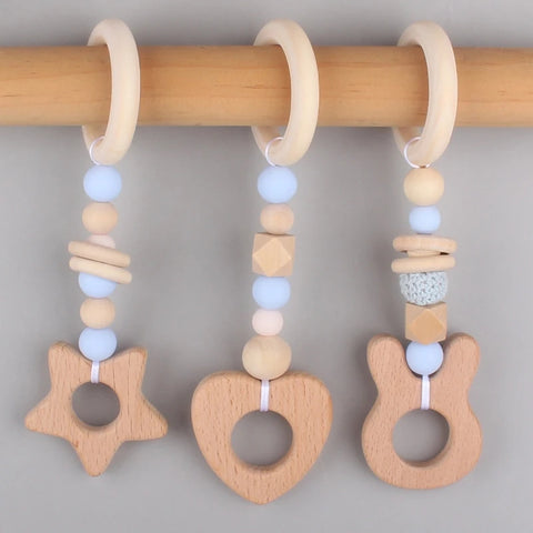 3/4 Pcs Baby Gym Frame Beech Wood Ring Baby Fitness Rack Pendants Silicone Beads Teether Newborn Stroller Rattle Play Gym Toys