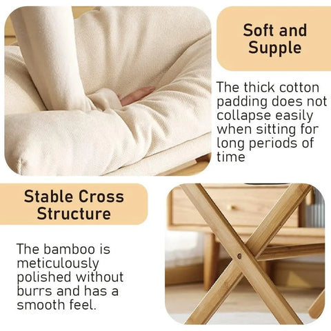 Folding Upholstered Footstool, Beige Footstool with Thick Cotton Padding and Bamboo X-shaped Legs, Modern Upholstered Ottoman