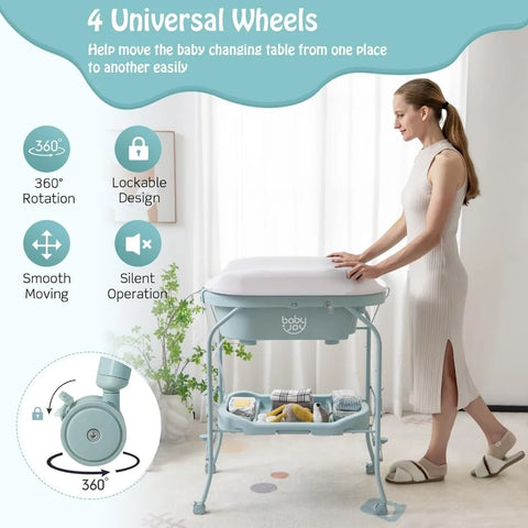 BABY JOY Baby Bathtub with Changing Table, Foldable Infant Diaper Changing Station with Storage Tray, Waterproof Pad, Portable