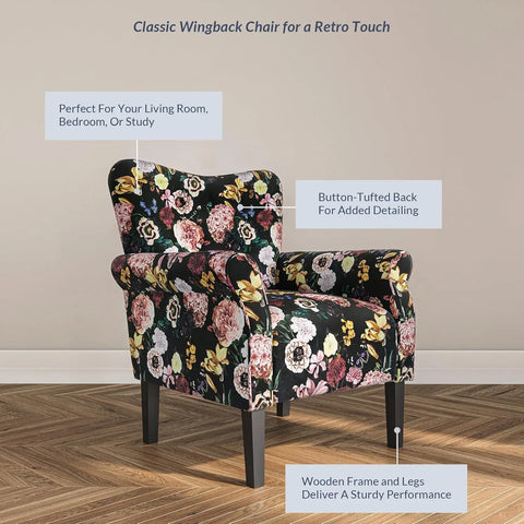 BELLEZE Modern Accent Chair for Living Room, High Back Floral Armchair with Wooden Legs, Upholstered Wingback Side Chair Padded