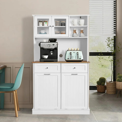 Kitchen Pantry Storage Cabinet, Microwave Cabinet with Tilt Out Trash Cabinet, Freestanding Kitchen Hutch,Tall Pantry Cabinet