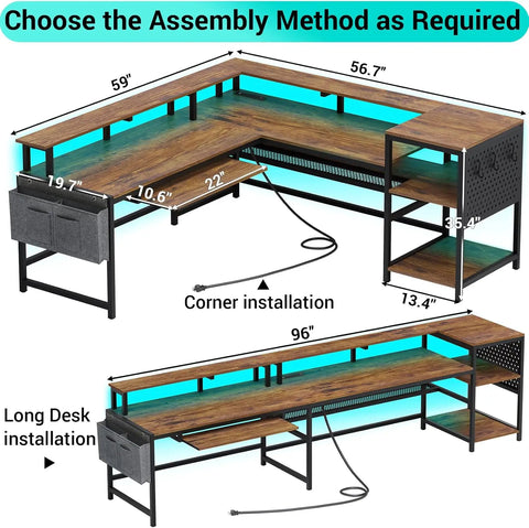 L Shaped Gaming Desk, Reversible Computer Desk, Gaming Desk with Power Outlets & LED Strip, Black