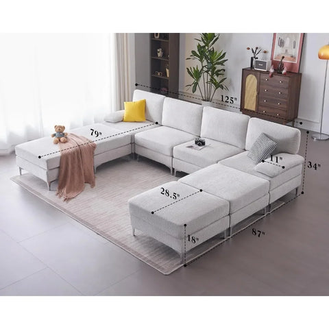 Modular Sectional Sofa, 8 Seater- Convertible Sectional Couches with Ottomans, Sofa Bed for Living Room, Beige Chenille