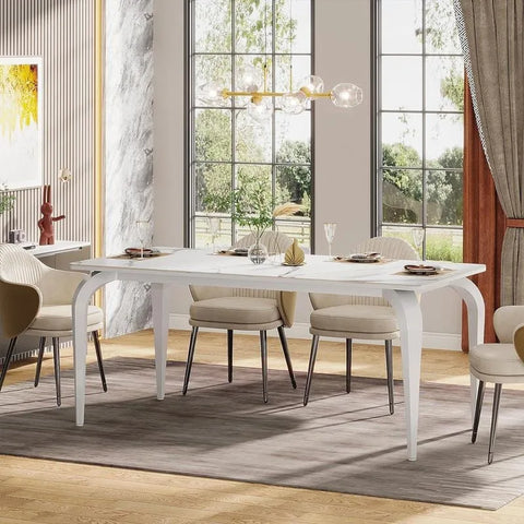 63" Modern Dining Table, White Sintered Stone Table with Metal Legs, Rectangular 6-Seater Table for Kitchen, Dining Room, Office