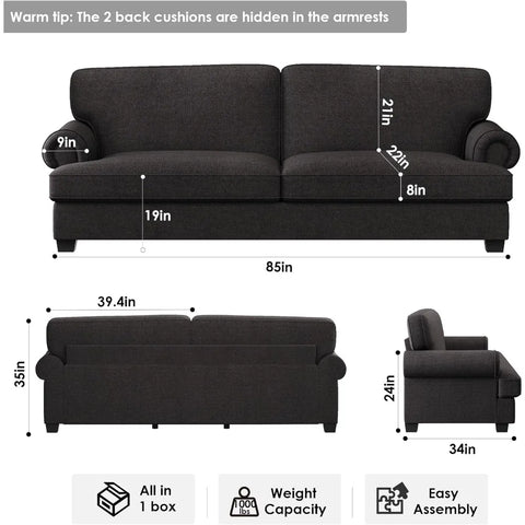 85in Sofa, 3 Seater Couch with 2 USB Charging Ports and Extra deep Seat, Sofa Couches for Living Room, Wide Rolled Arms, Grey