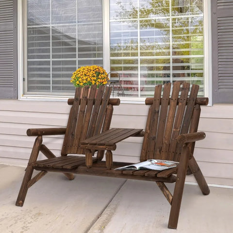 Outsunny 2-Seat Wooden Adirondack Chair, Patio Bench with Table, Outdoor Loveseat Fire Pit Chair for Porch, Backyard