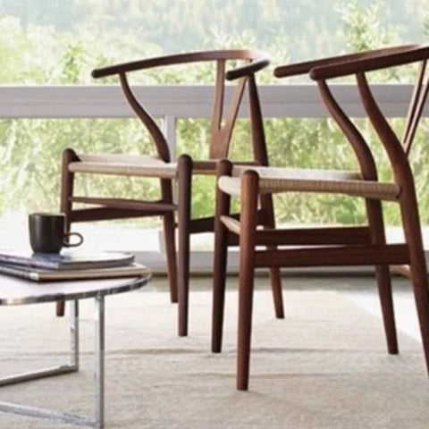 Wishbone Chair Y Chair Solid Wood Dining Chairs Rattan Armchair Natural (Ash Wood - Walnut)